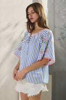 Embroidered Sleeve Striped Top