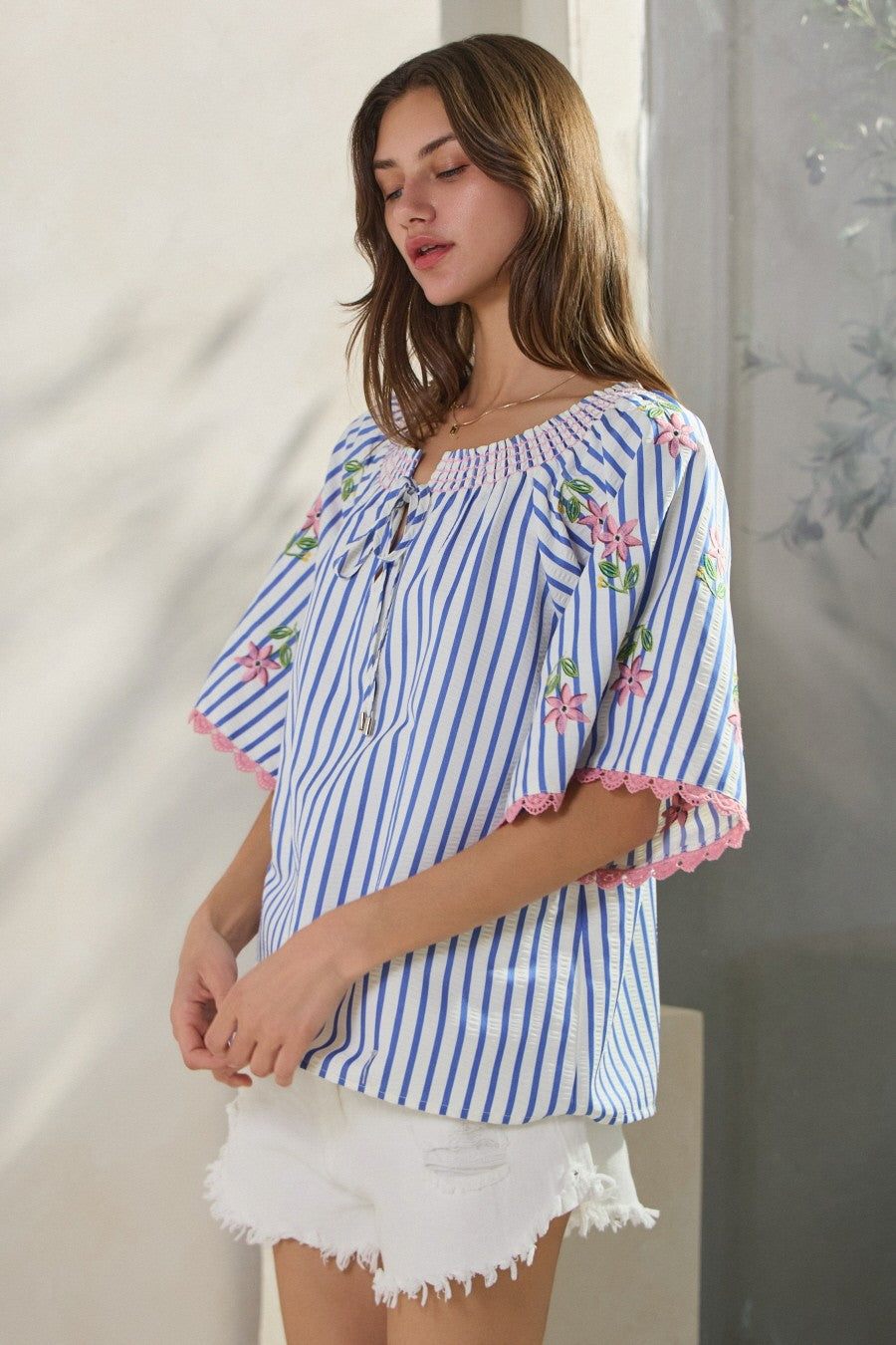 Embroidered Sleeve Striped Top