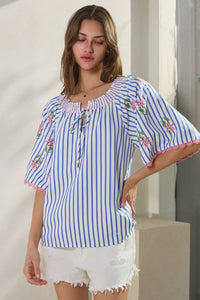 Embroidered Sleeve Striped Top
