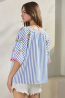 Embroidered Sleeve Striped Top