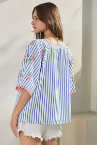 Embroidered Sleeve Striped Top
