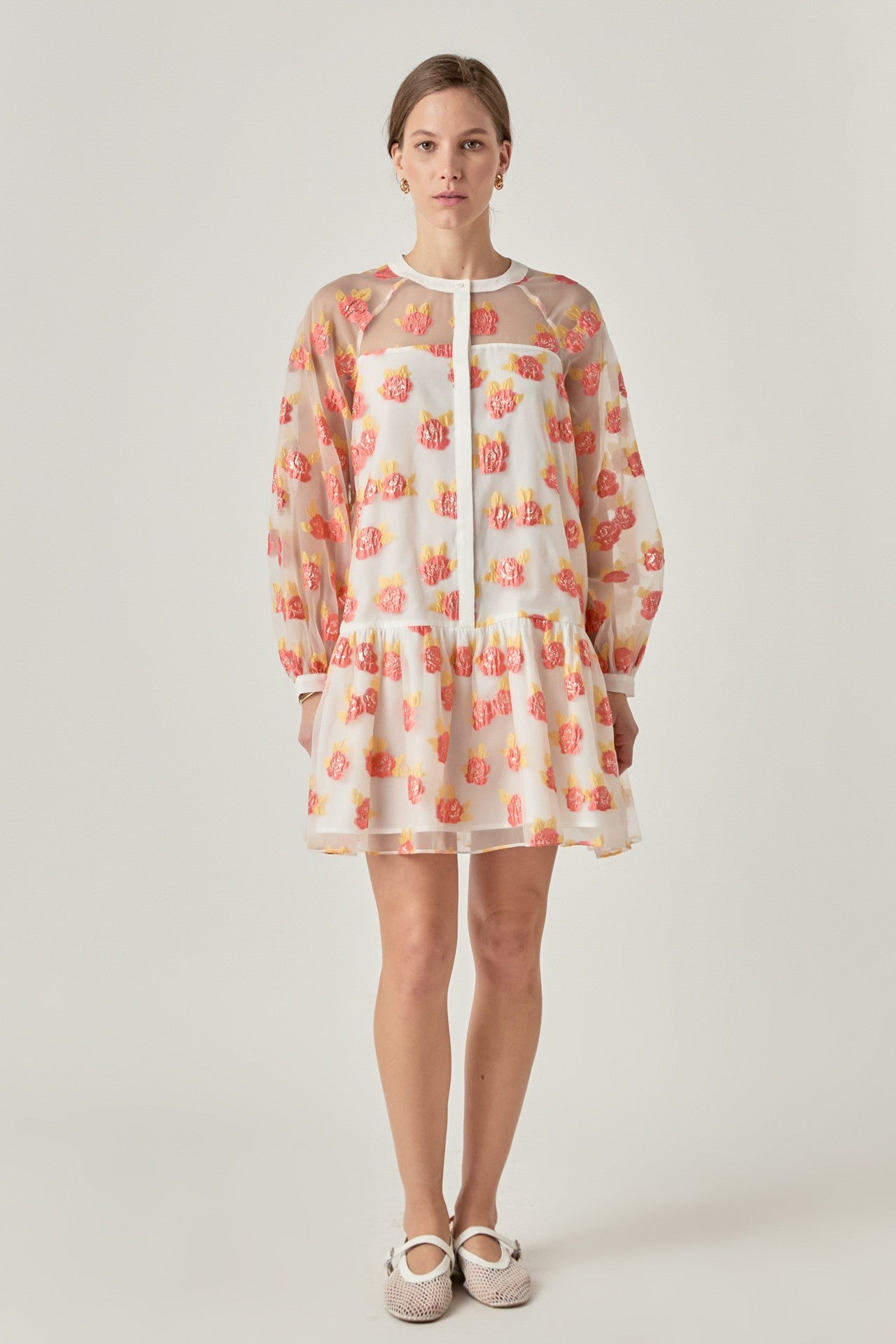 Floral Organza Buttoned Mini Dress