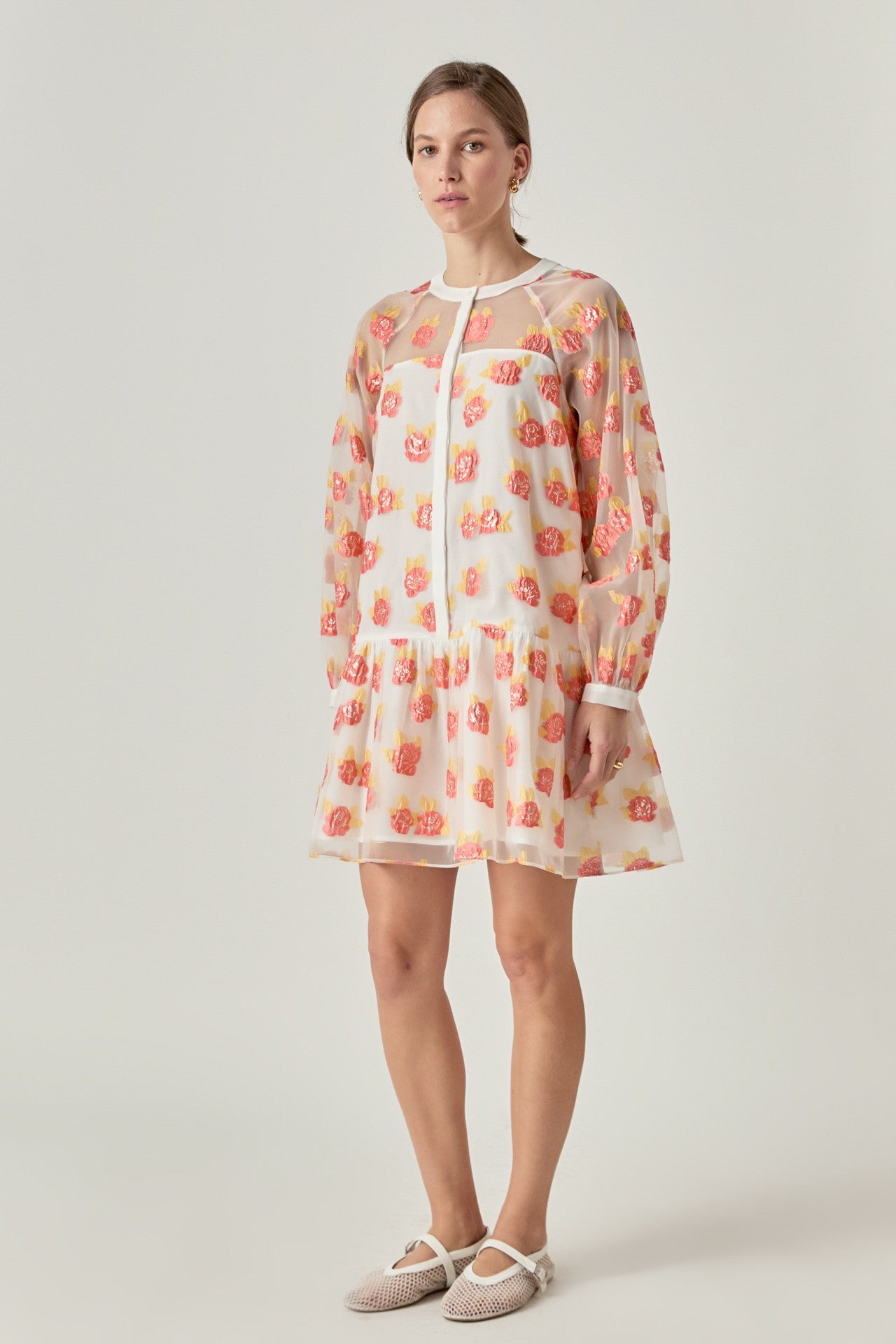 Floral Organza Buttoned Mini Dress