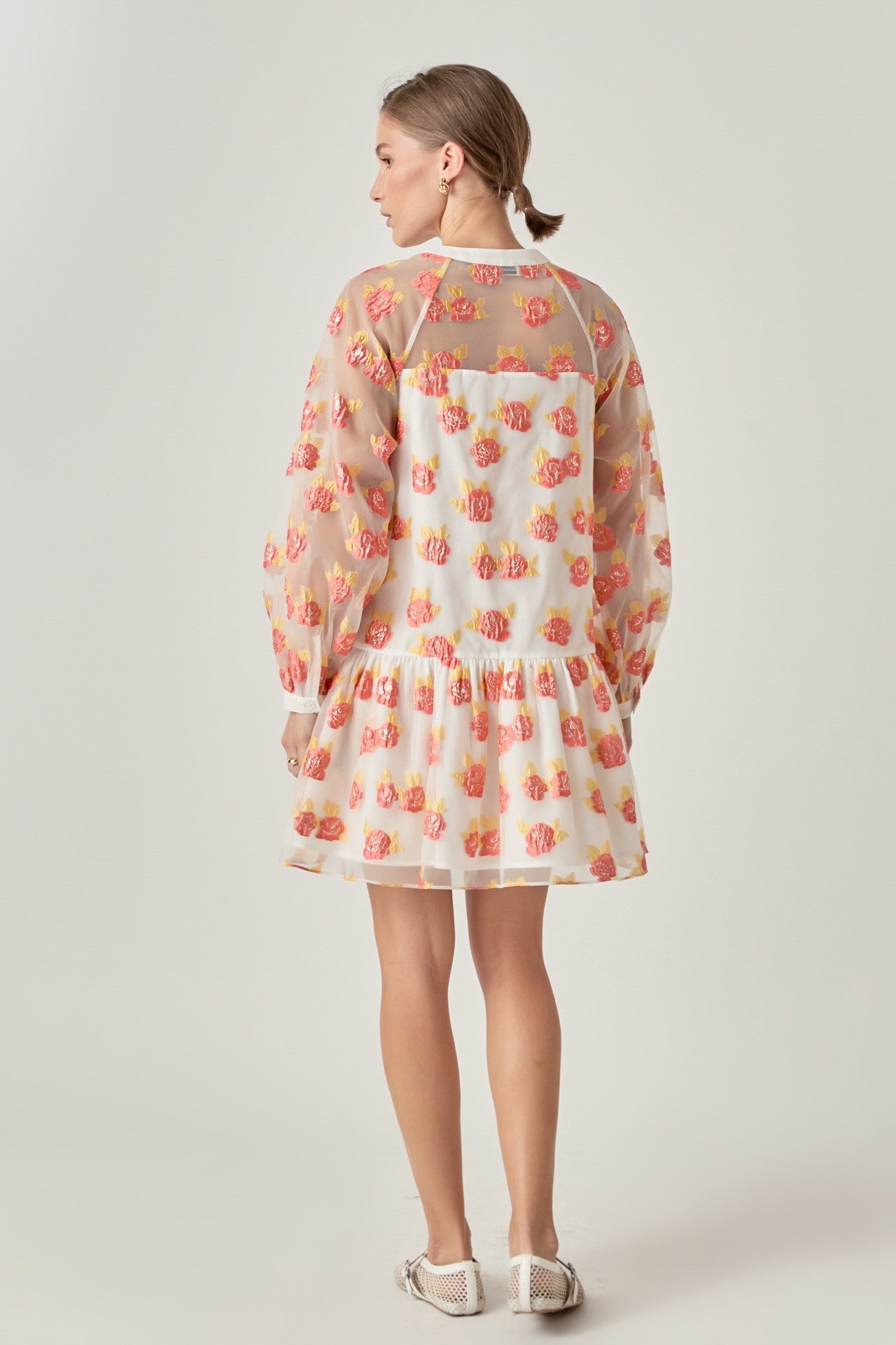 Floral Organza Buttoned Mini Dress