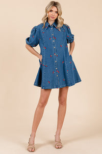 Cherry Embroidered Denim Dress
