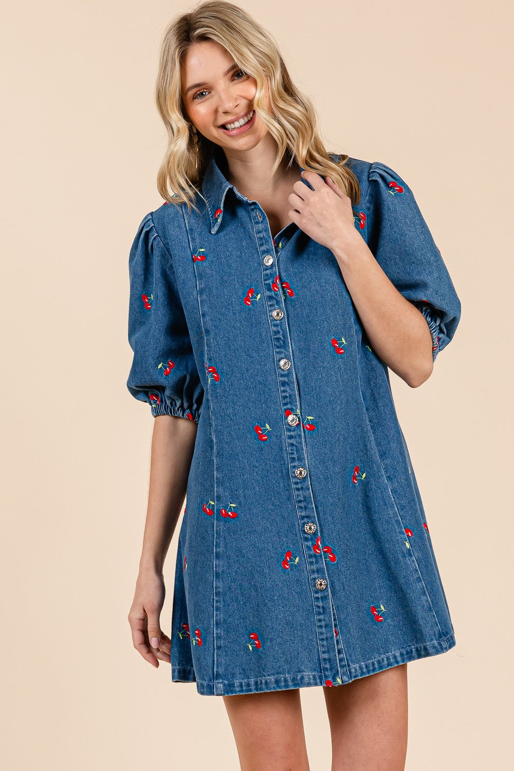 Cherry Embroidered Denim Dress
