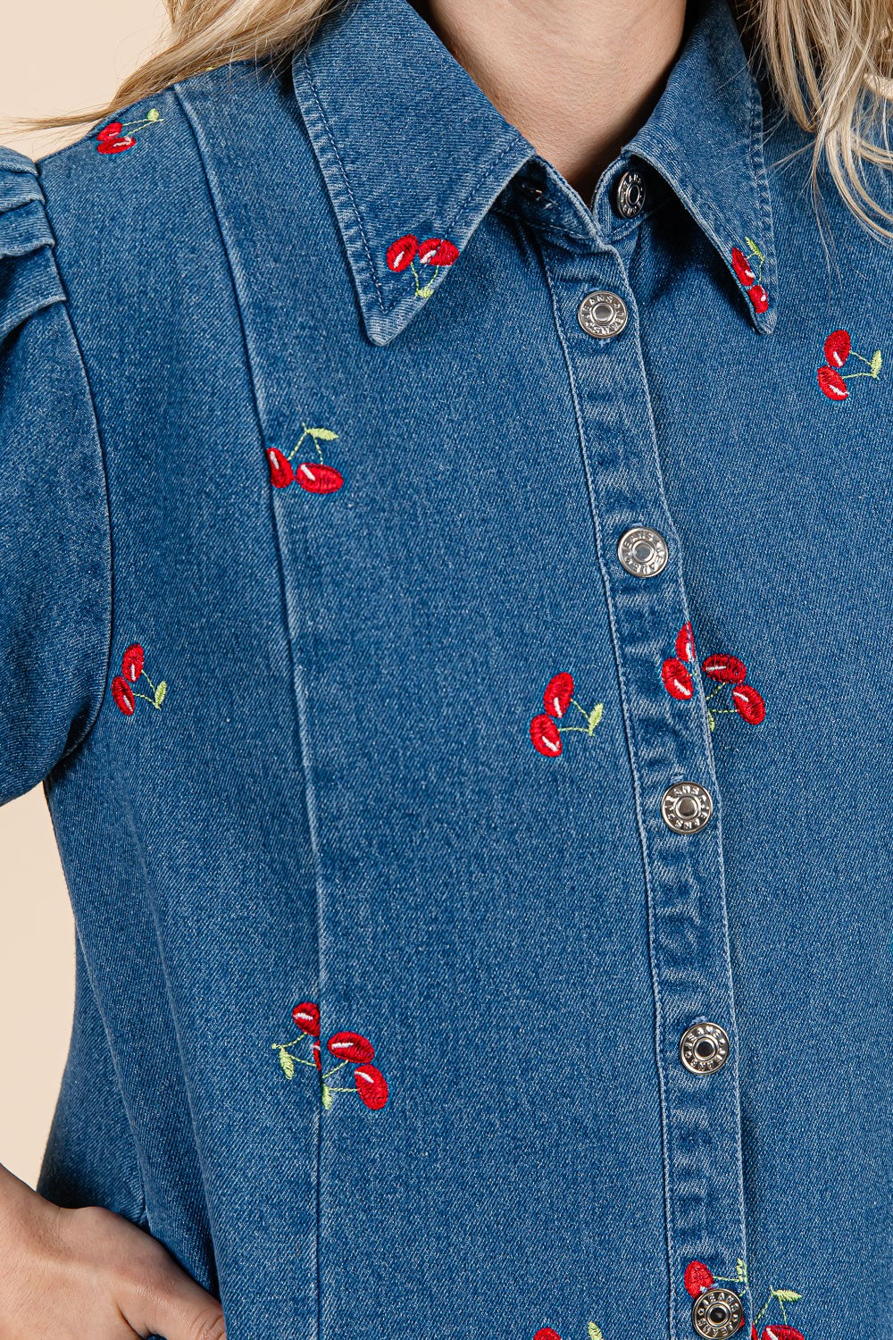 Cherry Embroidered Denim Dress