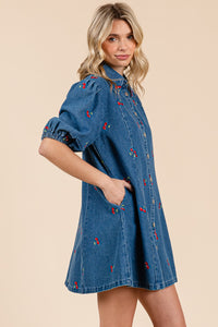 Cherry Embroidered Denim Dress