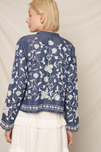 Long Sleeve Embroidered Chambray Top