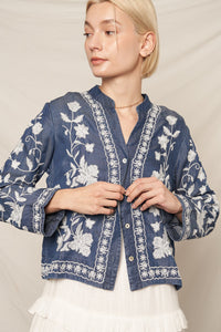 Long Sleeve Embroidered Chambray Top