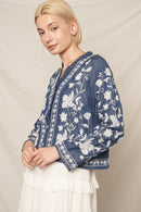 Long Sleeve Embroidered Chambray Top