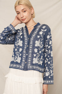 Long Sleeve Embroidered Chambray Top