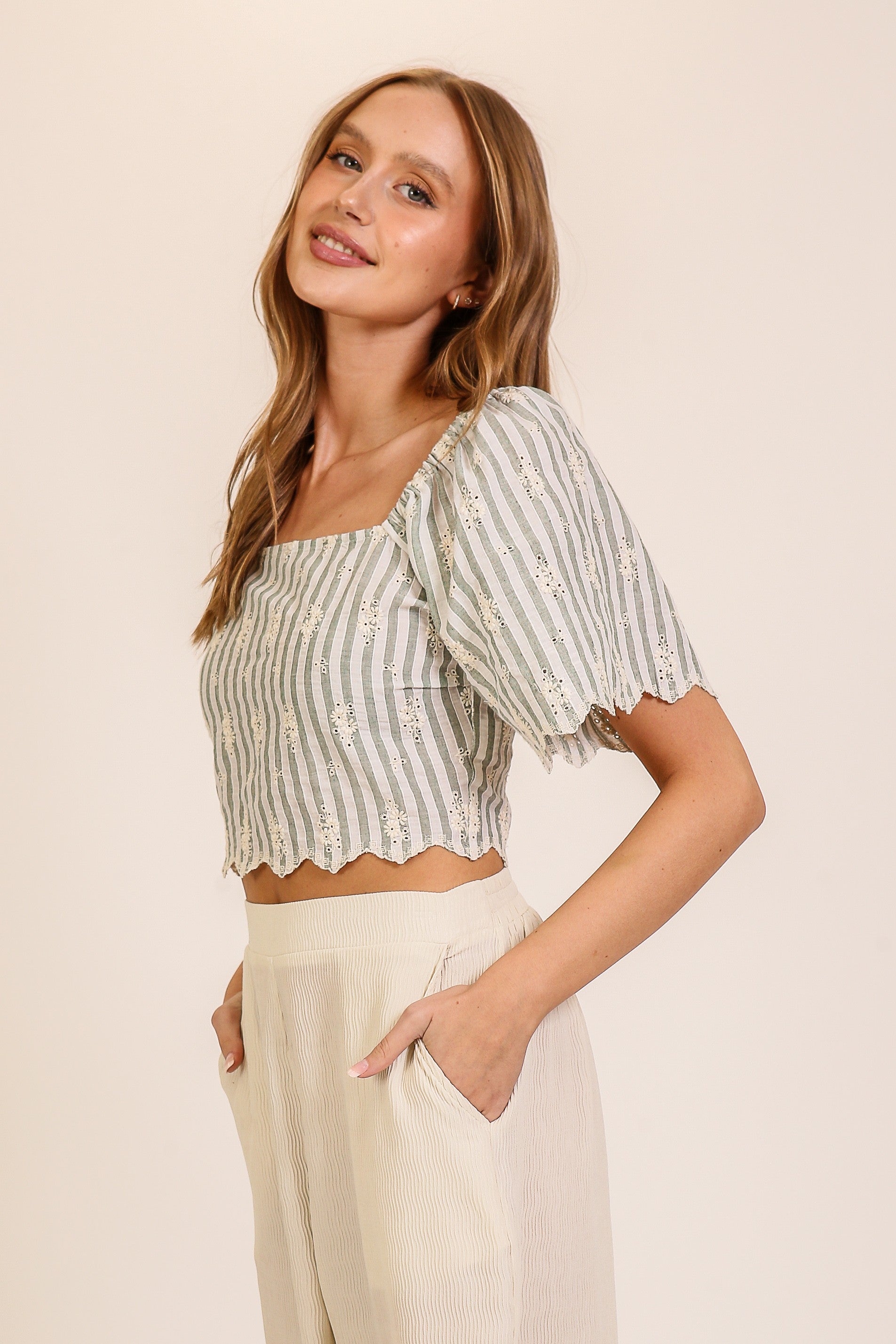 Striped Eyelet Crop Top