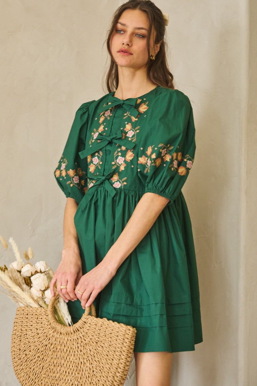 Front-Tie Embroidered Mini Dress