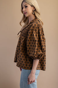 Smocked Yoke Printed Blouse