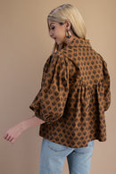 Smocked Yoke Printed Blouse