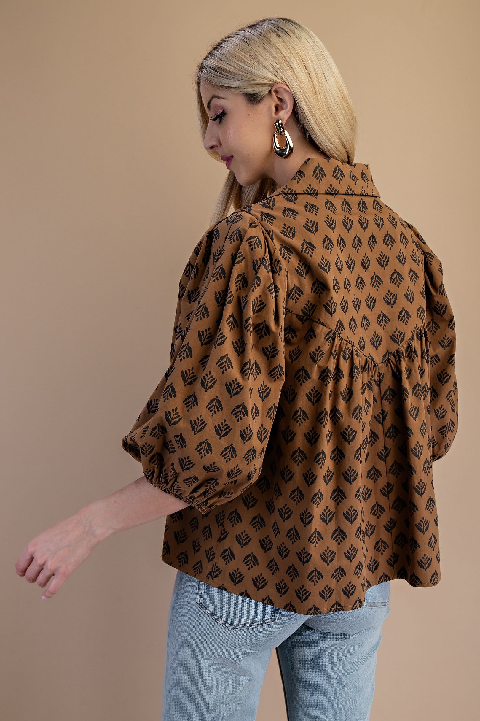 Smocked Yoke Printed Blouse