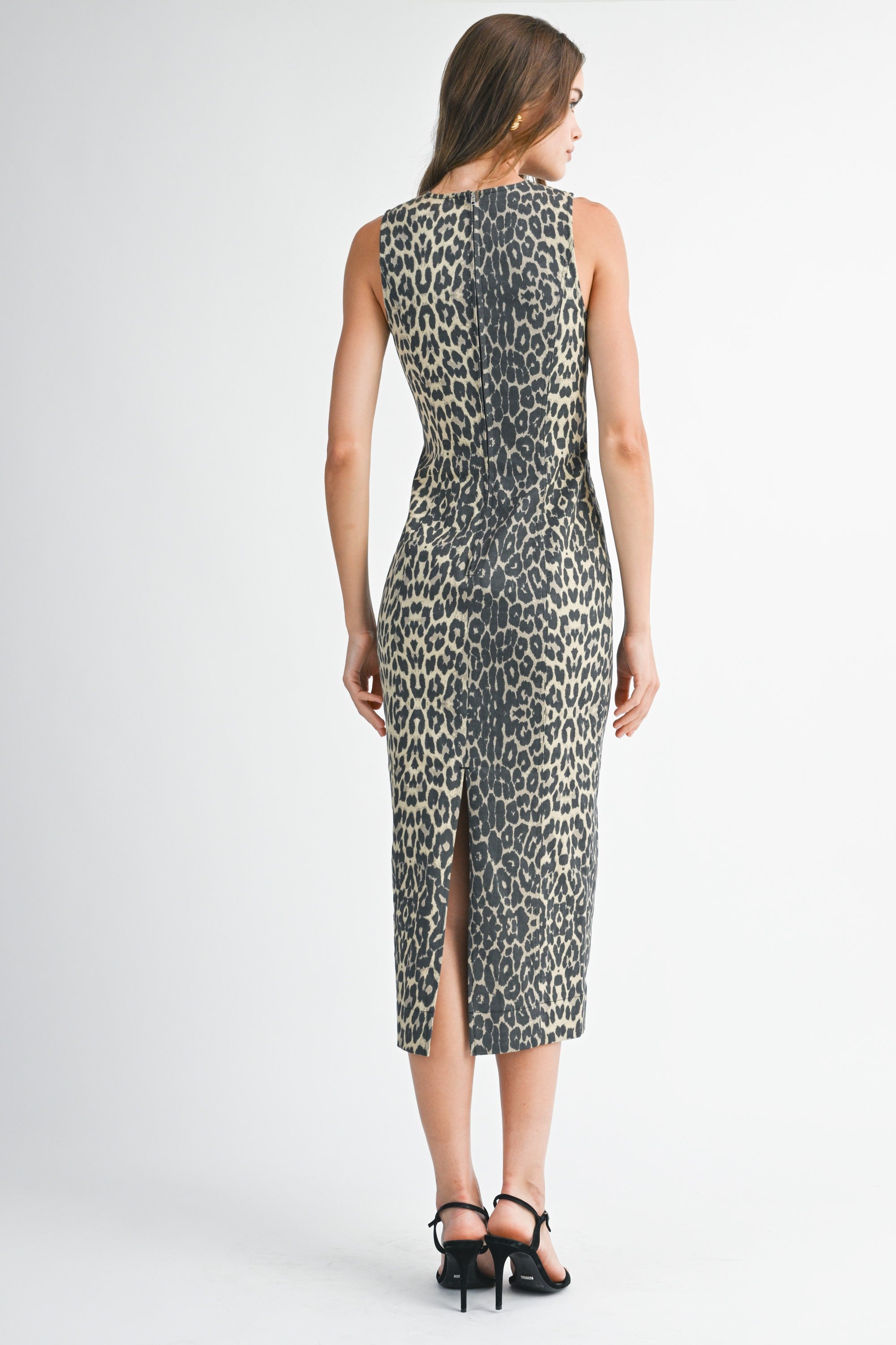 Denim Leopard Bodycon Midi Dress