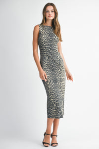 Denim Leopard Bodycon Midi Dress