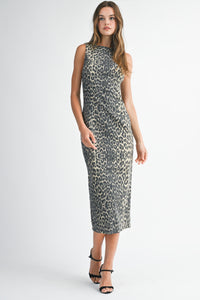 Denim Leopard Bodycon Midi Dress