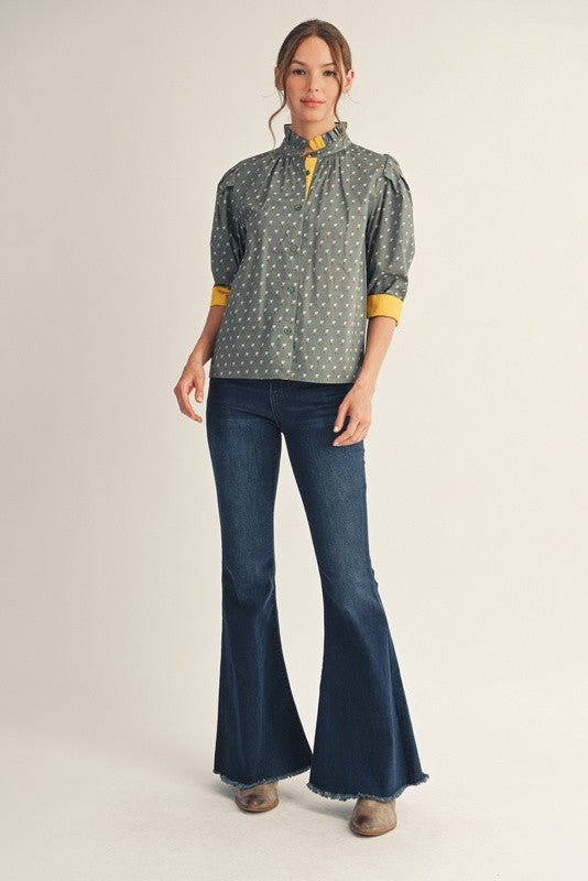 Ruffled Neck Printed Blouse