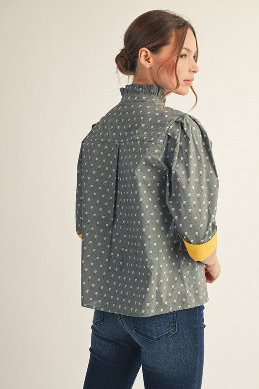 Ruffled Neck Printed Blouse