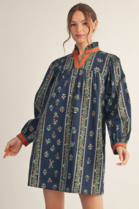 Ruffled Neck Floral Mini Dress