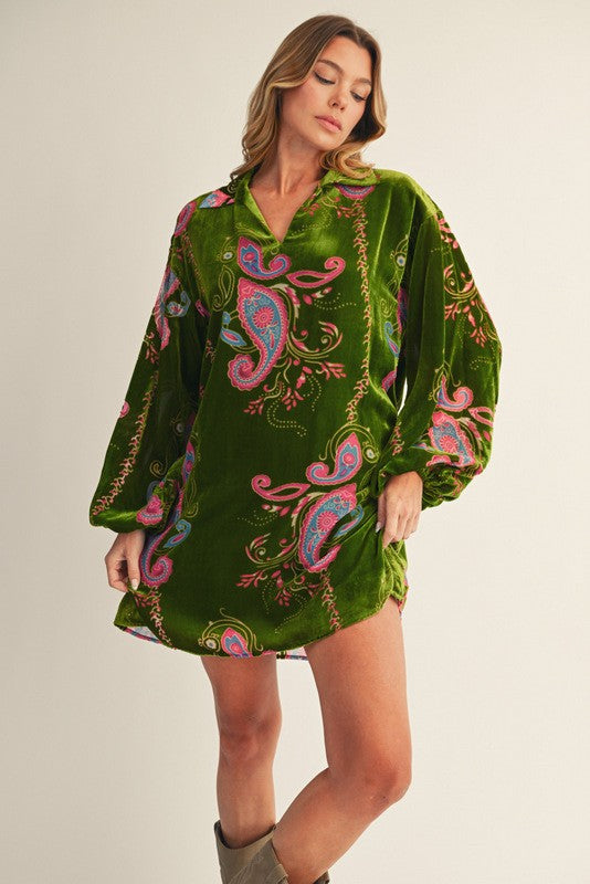 Paisley Print Velvet Dress