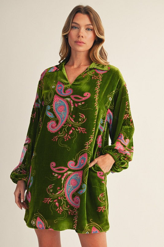 Paisley Print Velvet Dress