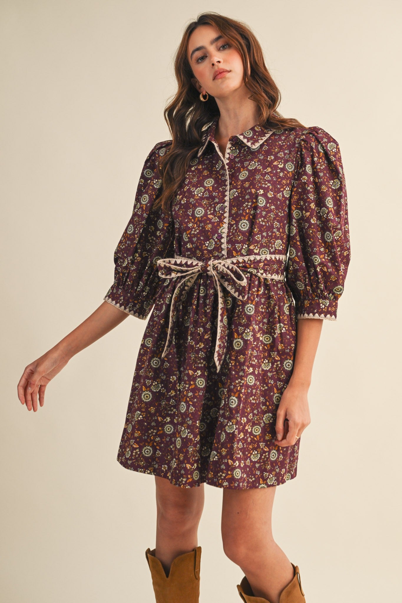 Blanket Stitch Floral Mini Dress