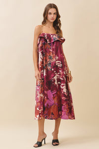 Ruffle Neck Satin Midi Dress