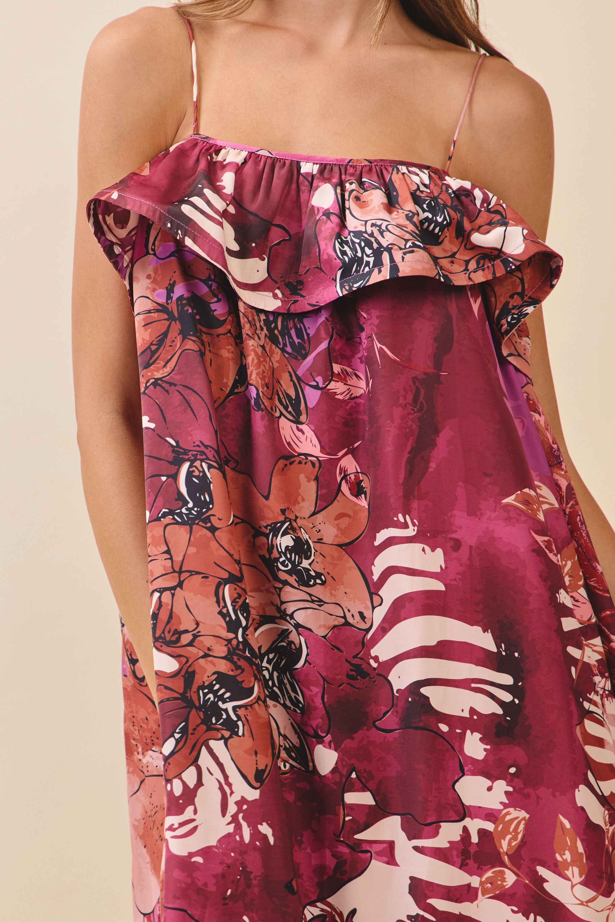 Ruffle Neck Satin Midi Dress