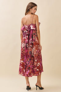 Ruffle Neck Satin Midi Dress