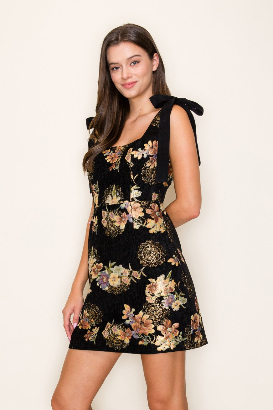 Floral Jacquard Tie-Strap Dress