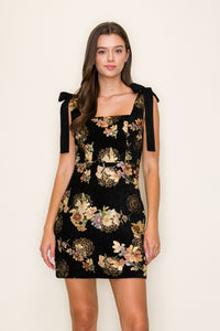 Floral Jacquard Tie-Strap Dress