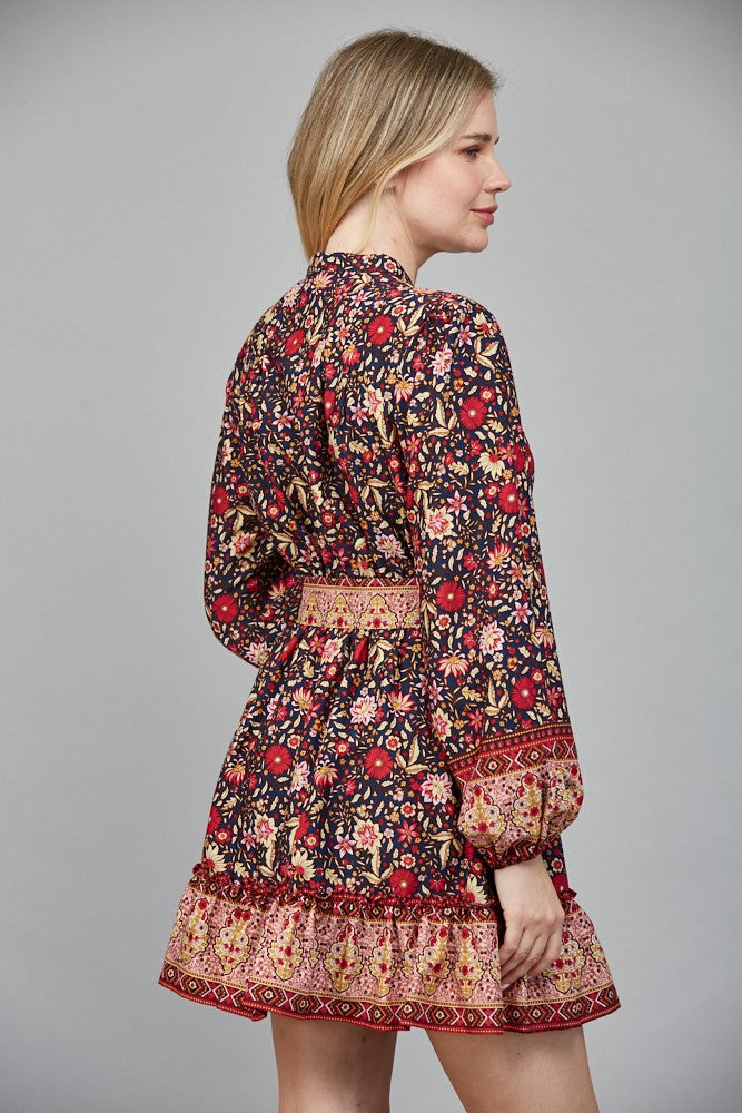 Border Print Belted Mini Dress