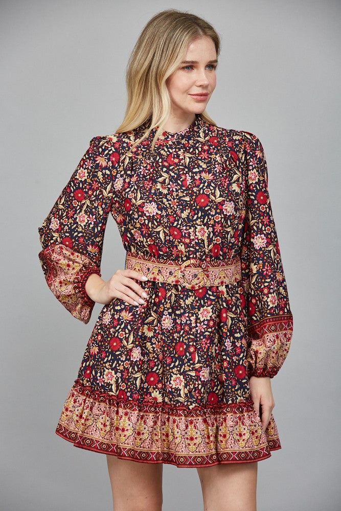 Border Print Belted Mini Dress