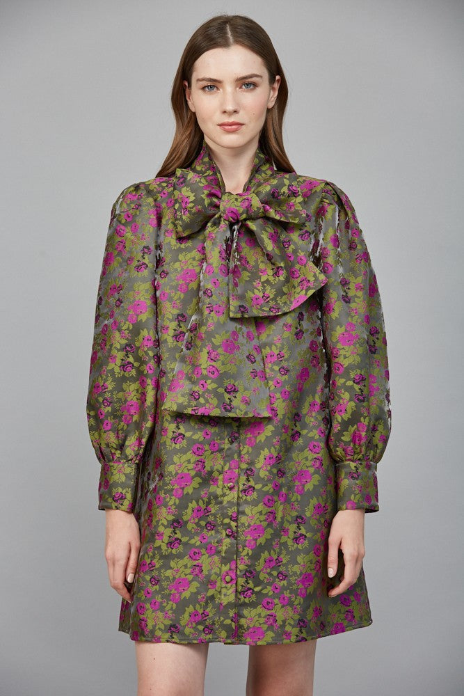 Bow Tie Floral Jacquard Mini Dress