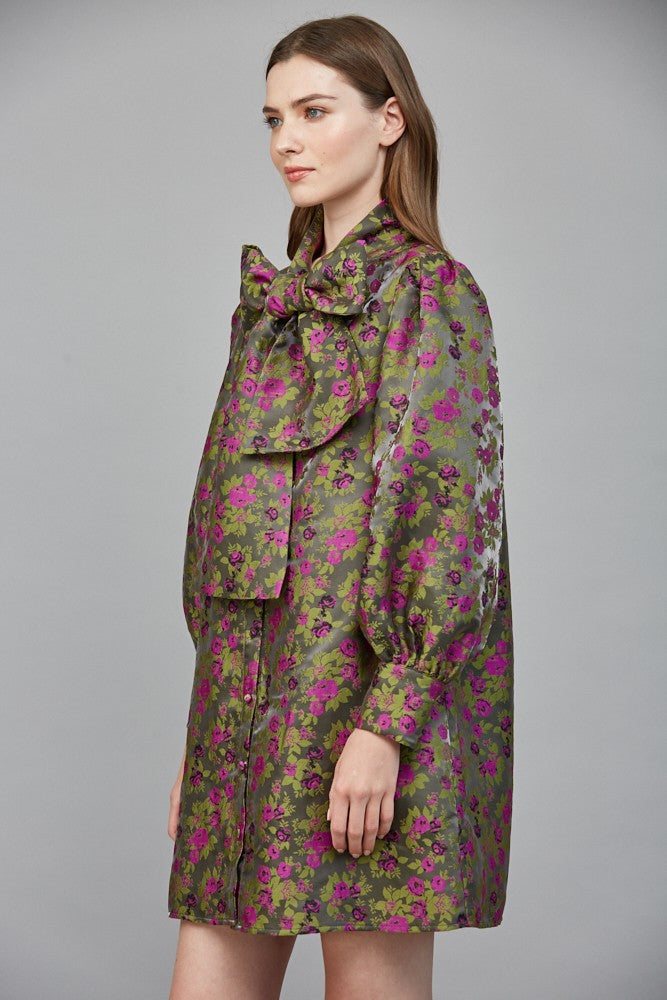 Bow Tie Floral Jacquard Mini Dress