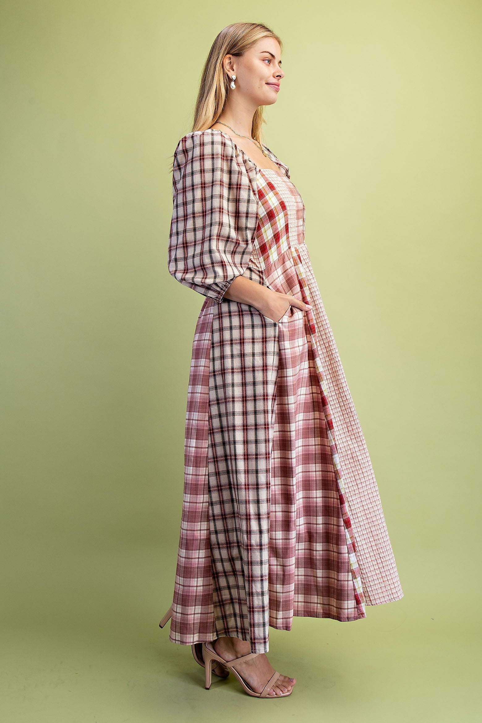 Mixed Plaid Midi Dress