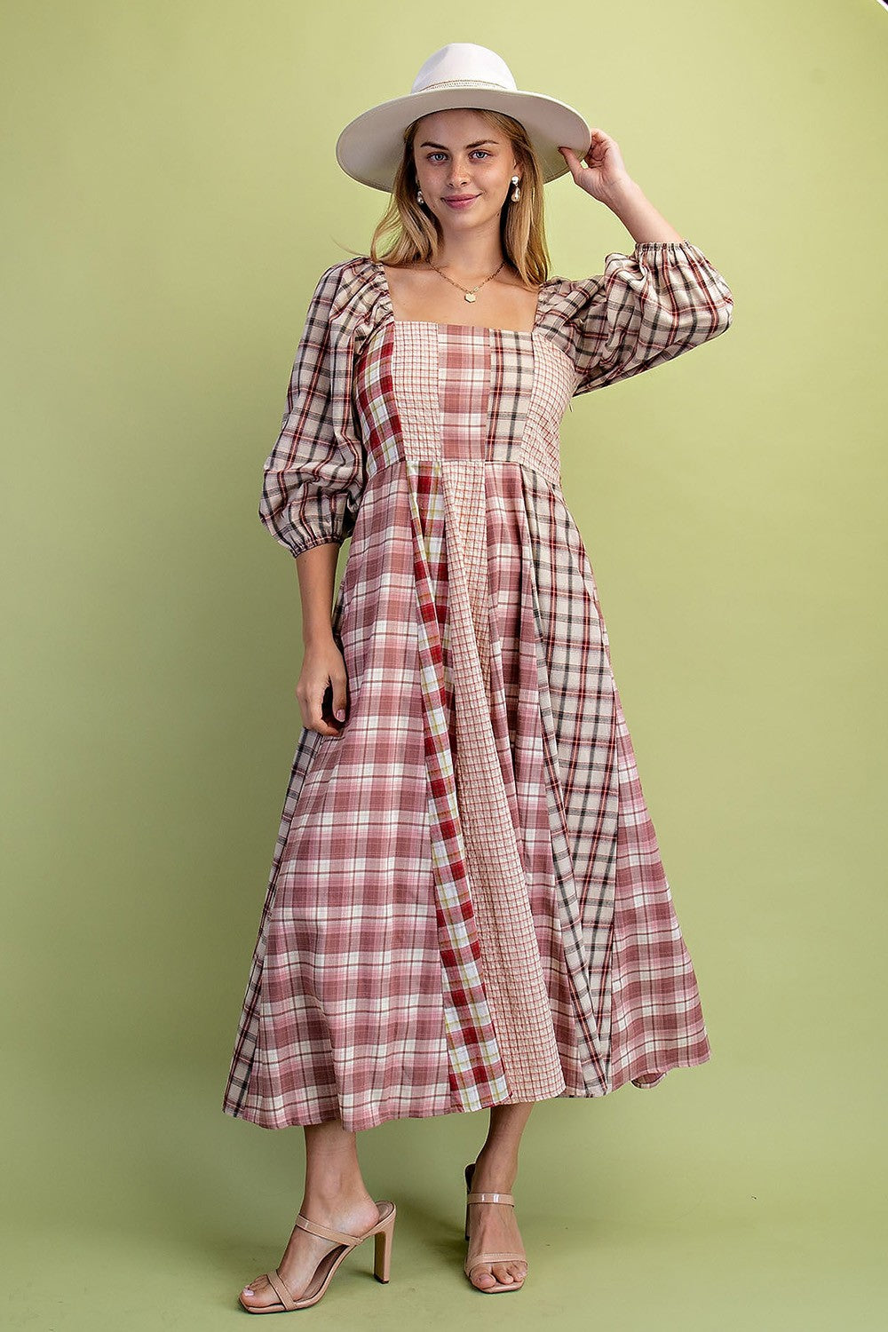 Mixed Plaid Midi Dress