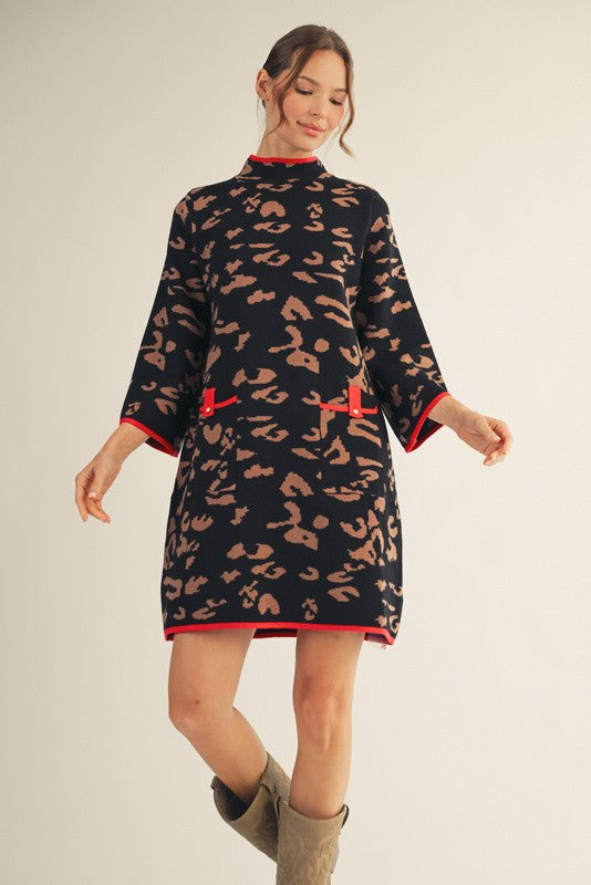 Leopard Mock Neck Sweater Dress