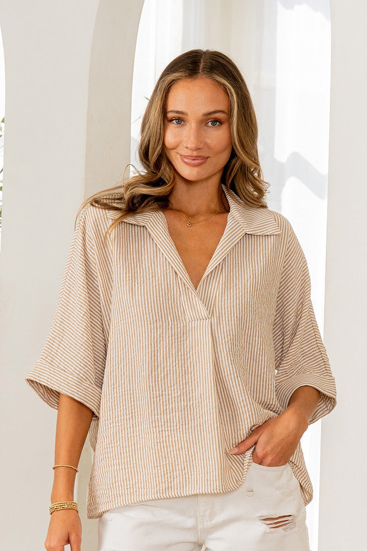 Collared V-Neck Striped Top