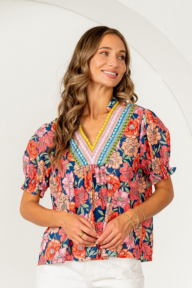 Floral Embroidered V-Neck Top