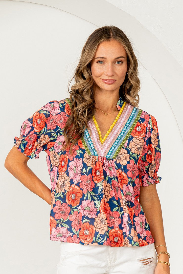Floral Embroidered V-Neck Top
