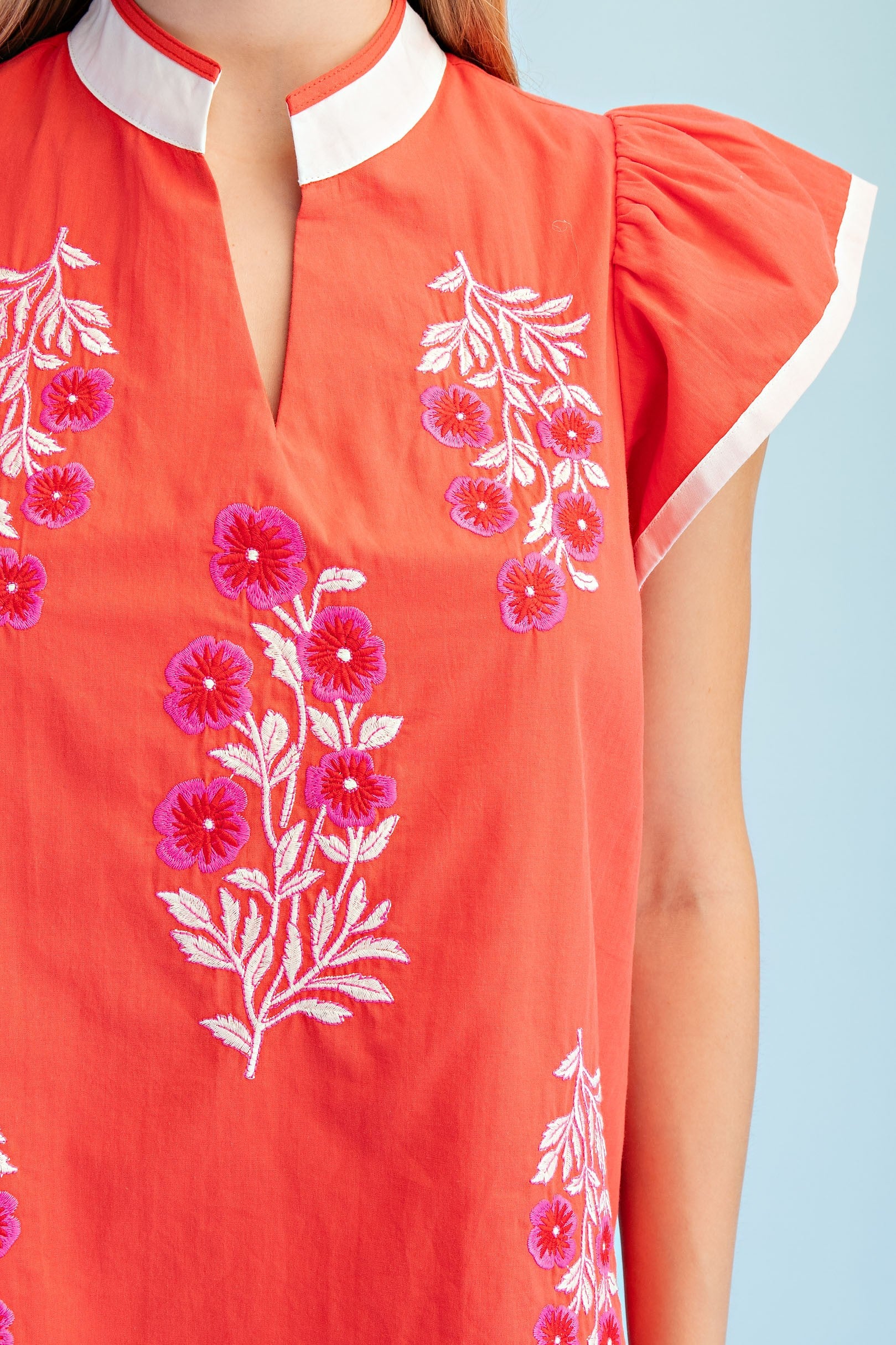 Embroidered Flutter Sleeve Blouse