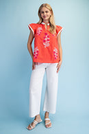 Embroidered Flutter Sleeve Blouse
