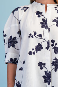Navy Floral Embroidered Button-Down Top