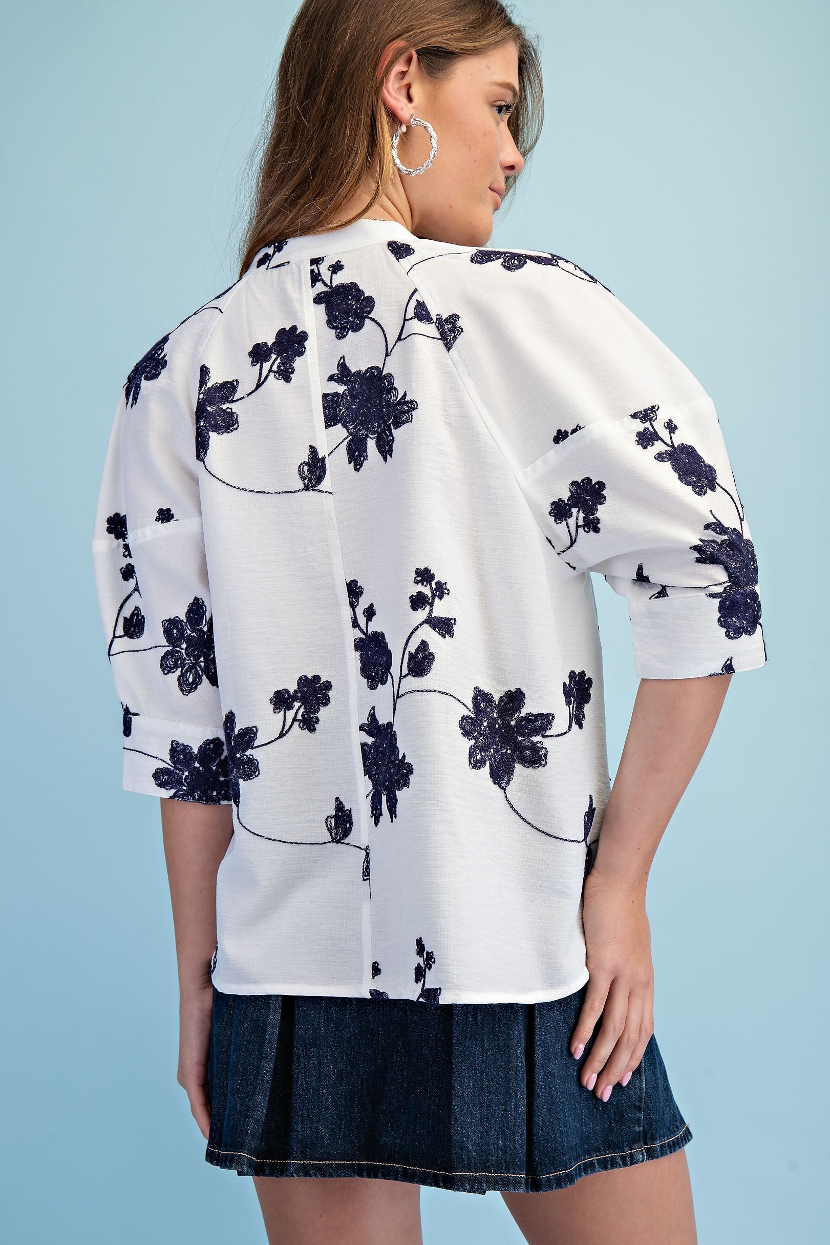 Navy Floral Embroidered Button-Down Top