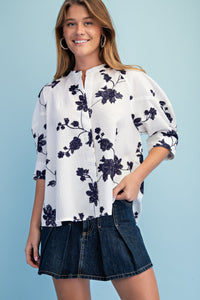 Navy Floral Embroidered Button-Down Top